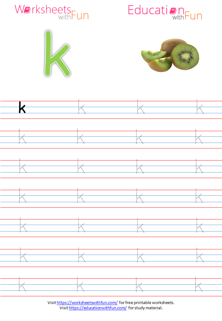 english preschool small letter k tracing