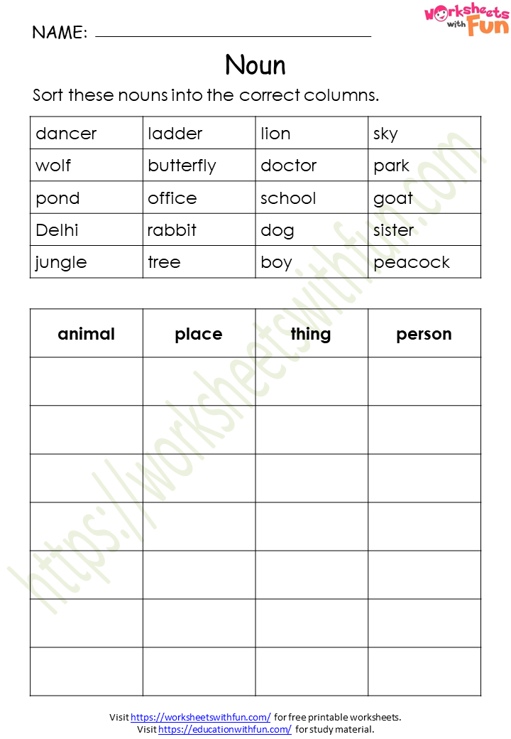 English - Class 1: Naming Words (Nouns) Worksheet 3