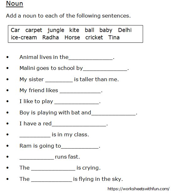 english class 1 noun add a noun to each of the sentences worksheet 4