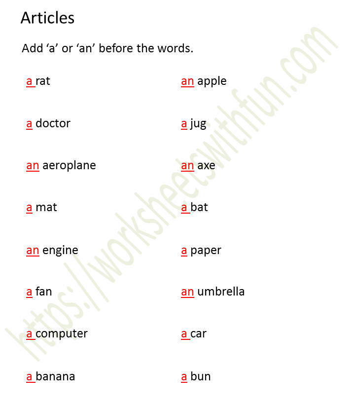 English Class 1 Articles Add A Or An Before The Words Worksheet 1 Answers