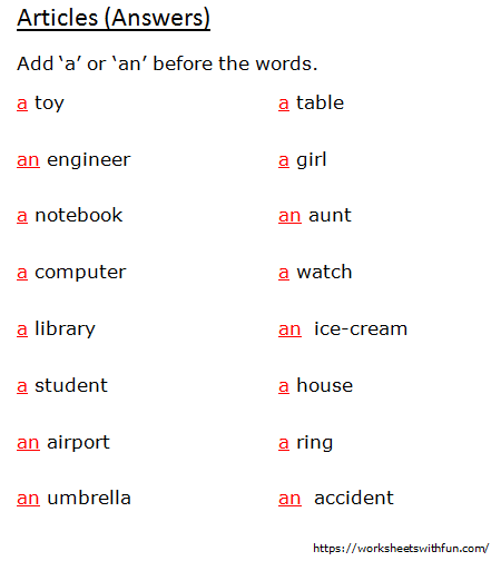 english class 1 articles add a or an before the words