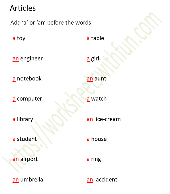 English Class 1 Articles Add A Or An Before The Words Worksheet 4 Answers
