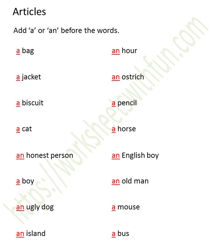 English Class 1 Articles Add A Or An Before The Words Worksheet 5 Answers