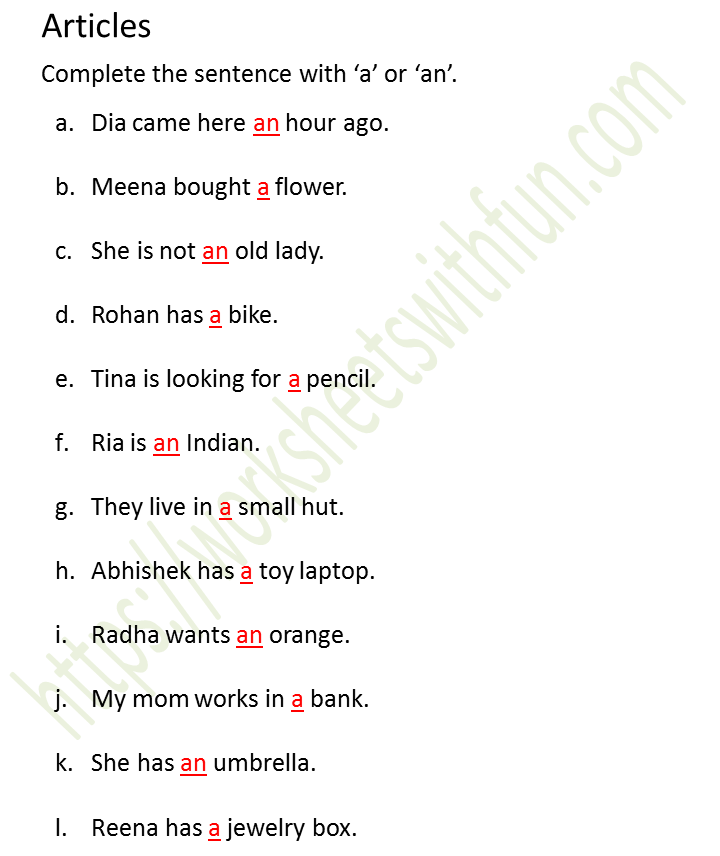 English Class 1 Articles Complete The Sentence With A Or An Worksheet 7 Answers