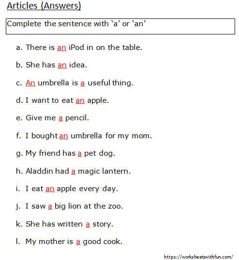 english class 1 articles complete the sentence with a or an