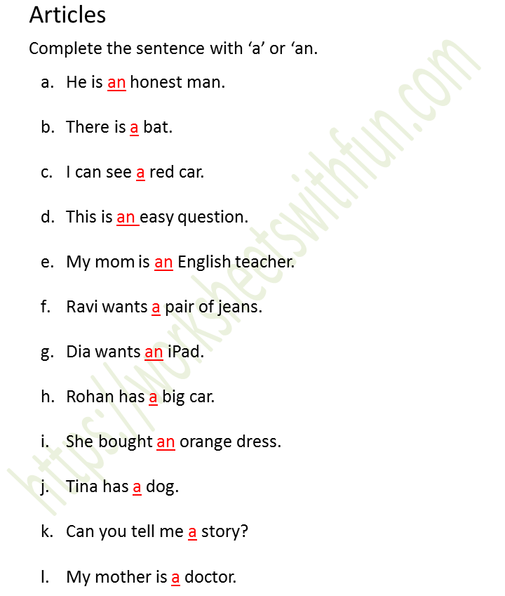 English Class 1 Articles Complete The Sentence With A Or An Worksheet 9 Answers