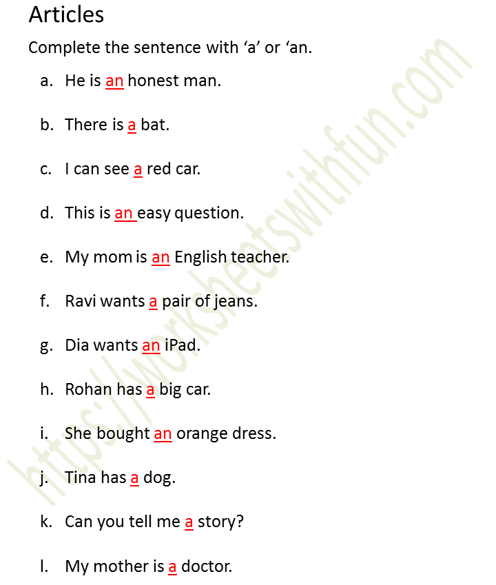 english class 1 articles complete the sentence with a or an