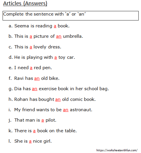 English - Class 1: Articles (Complete the sentence with ‘a’ or ‘an ...