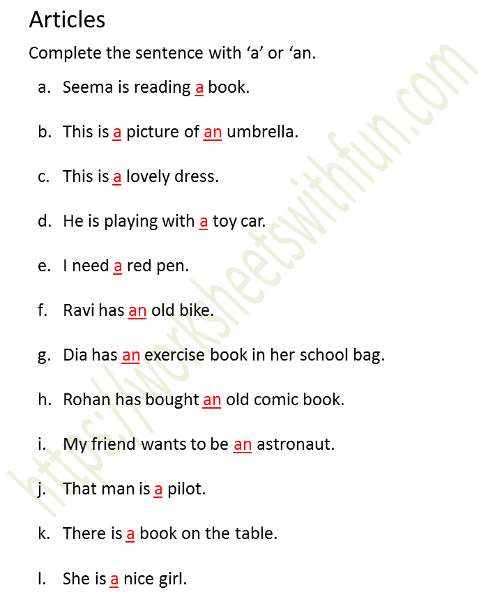 English Class 1 Articles Complete The Sentence With A Or An Worksheet 10 Answers