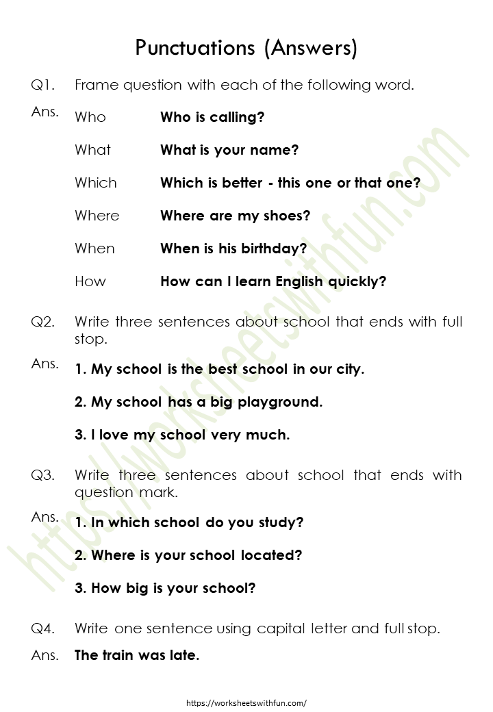 english class 1 punctuations worksheet 1 answers