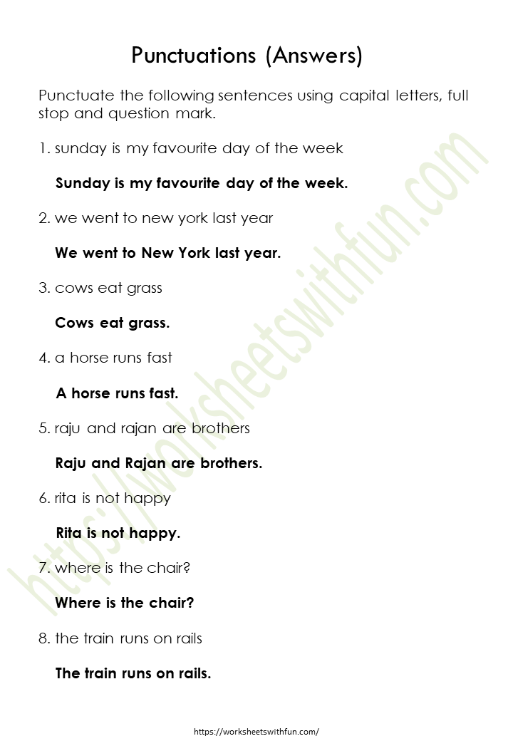 English - Class 1: Punctuations Worksheet 10 (Answers) | WWF