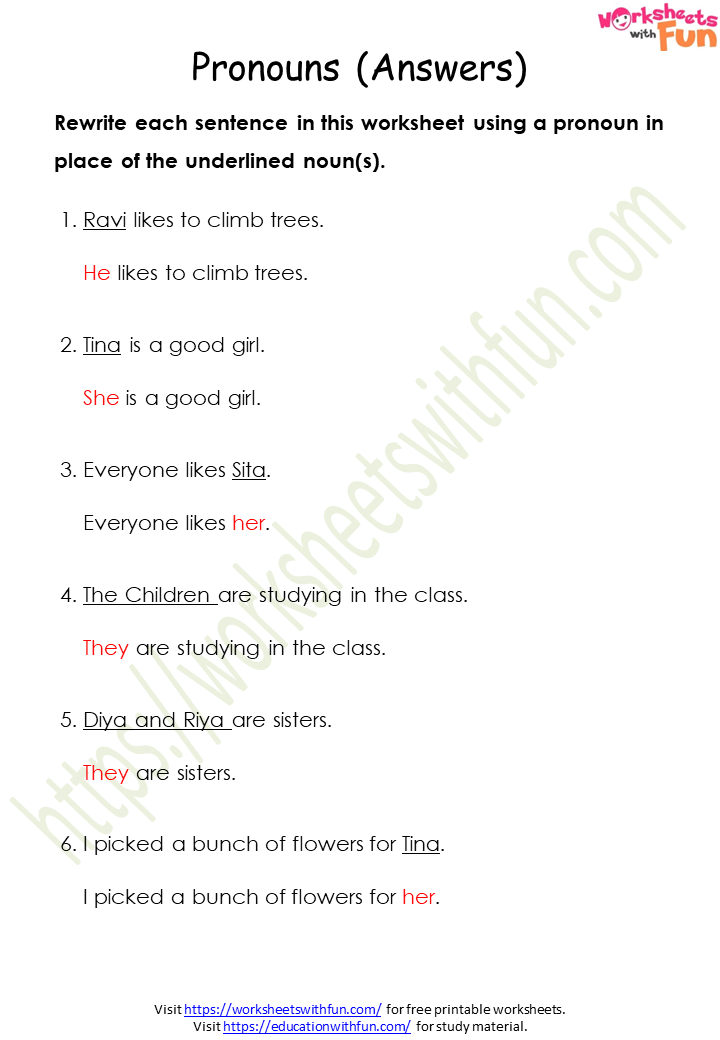 English - Class 1: Pronouns Worksheet 8 (Answer)