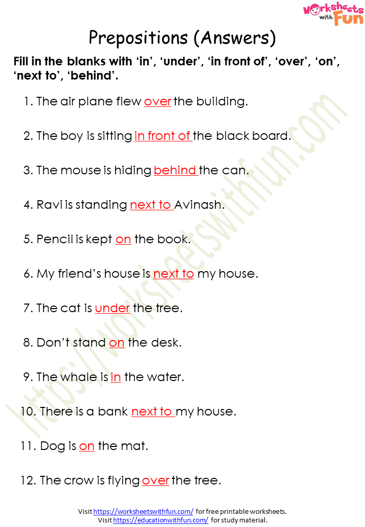 english class 1 prepositions worksheet 2 answers
