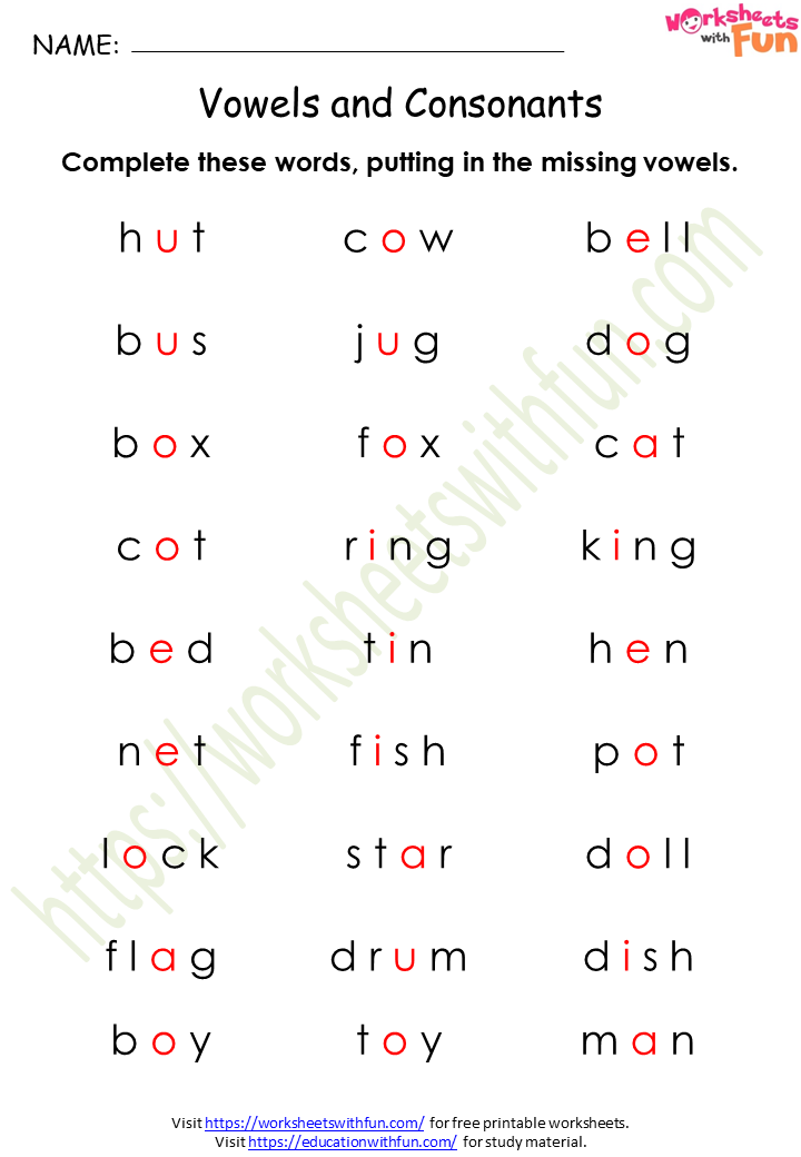 English - Class 1: Vowels and Consonants Worksheet 2 (Answer)