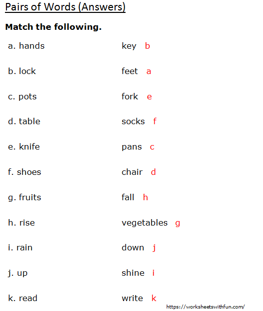 english class 1 pairs of words matching worksheet 2