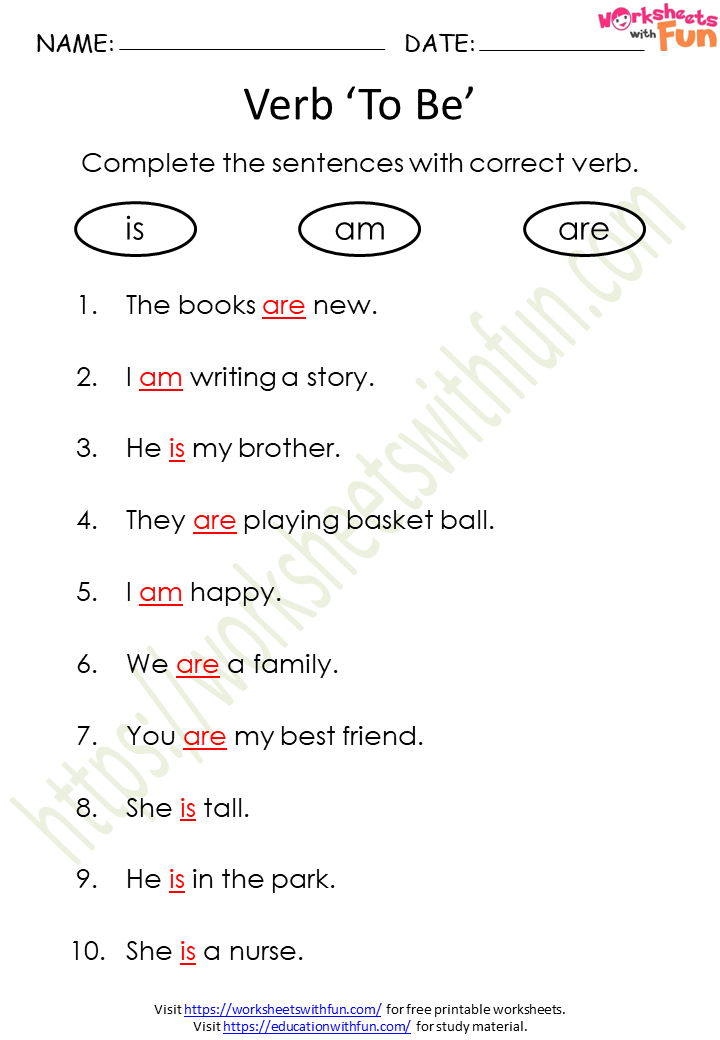 english class 1 verb to be is am are worksheet 1 answer