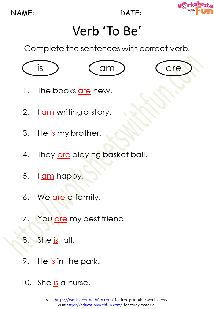 English - Class 1: Verb To Be (is, am, are) Worksheet 1 (Answer) | WWF