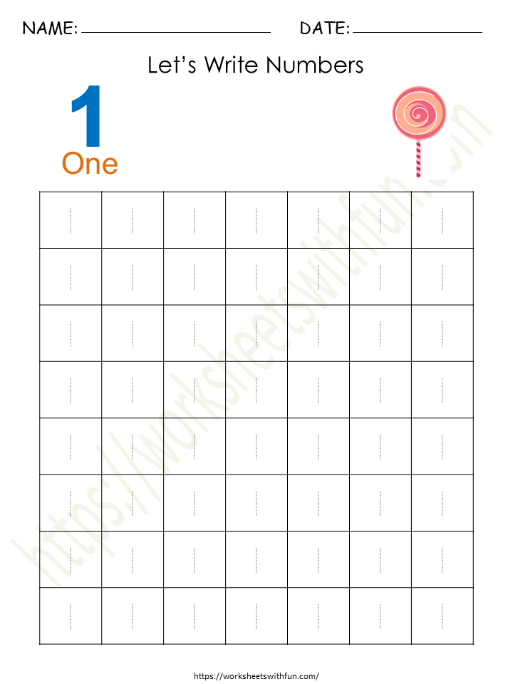 Tracing and Writing Number '1' Worksheet 1