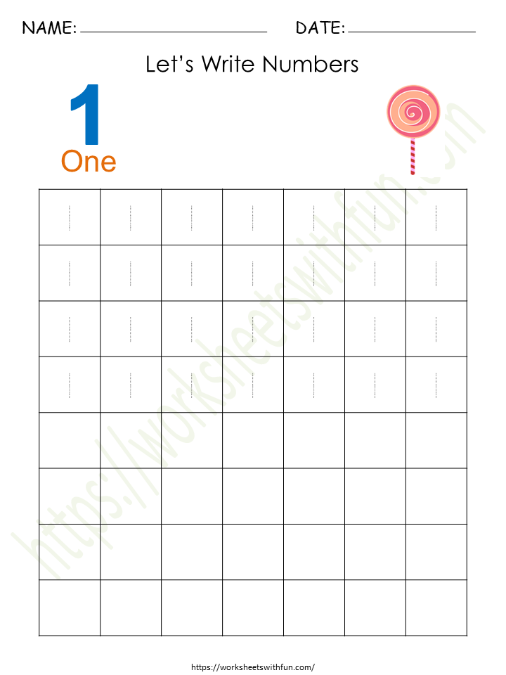 Tracing and Writing Number '1' Worksheet 2