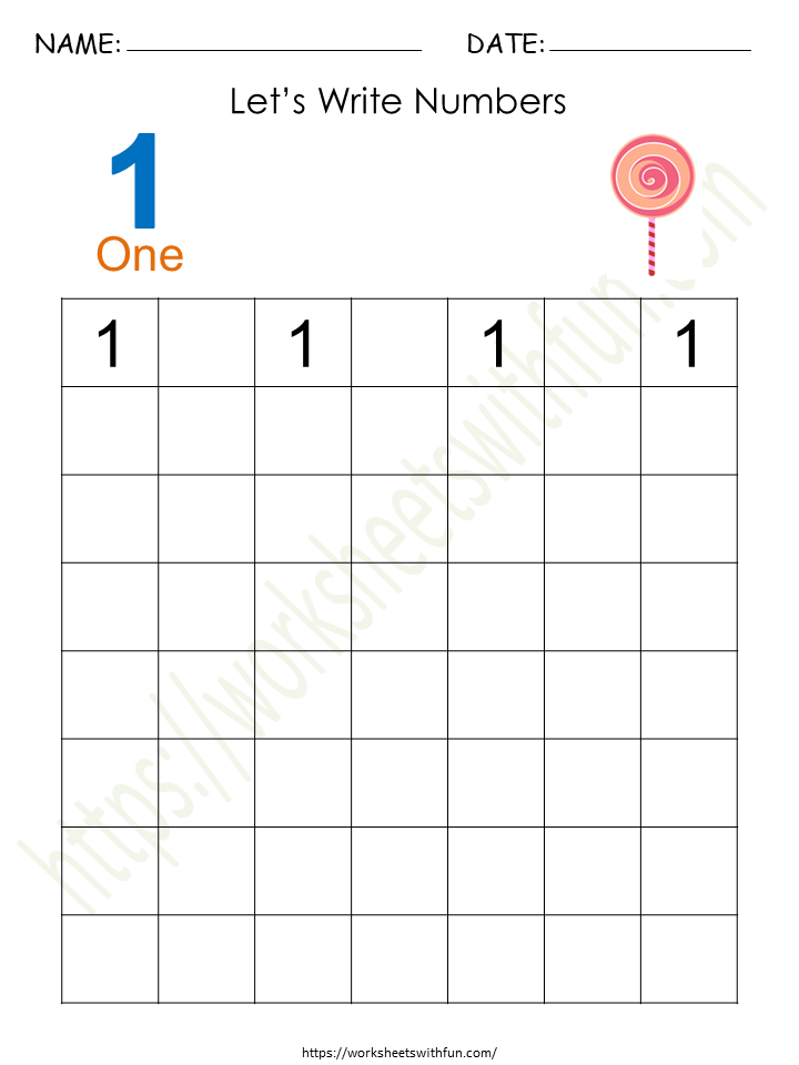 Tracing and Writing Number '1' Worksheet 3