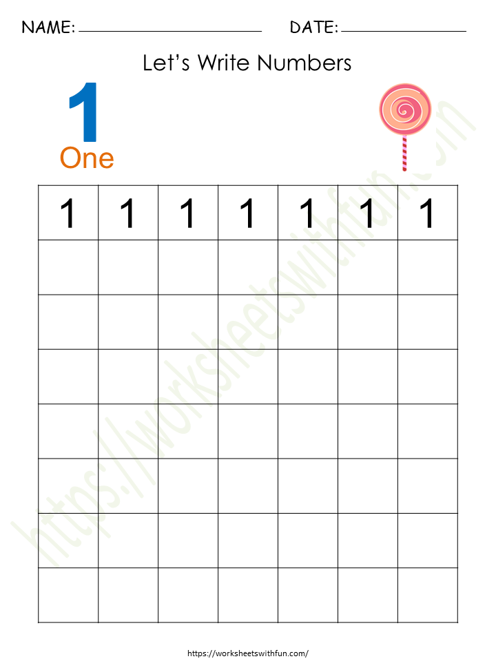 Tracing and Writing Number '1' Worksheet 4