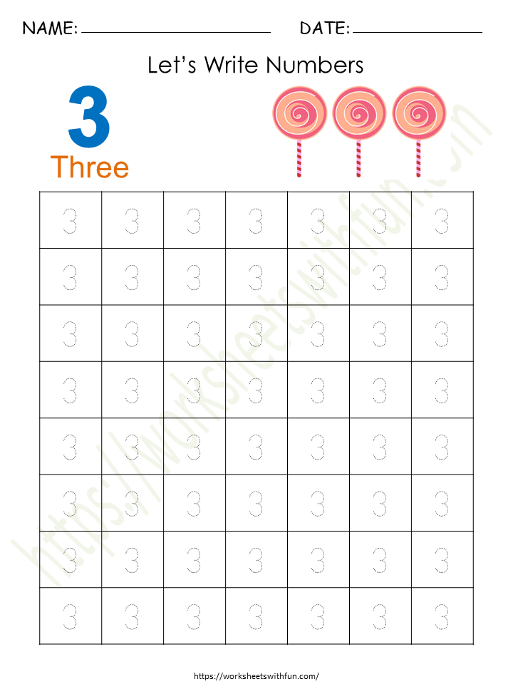 Tracing and Writing Number '3' Worksheet 1