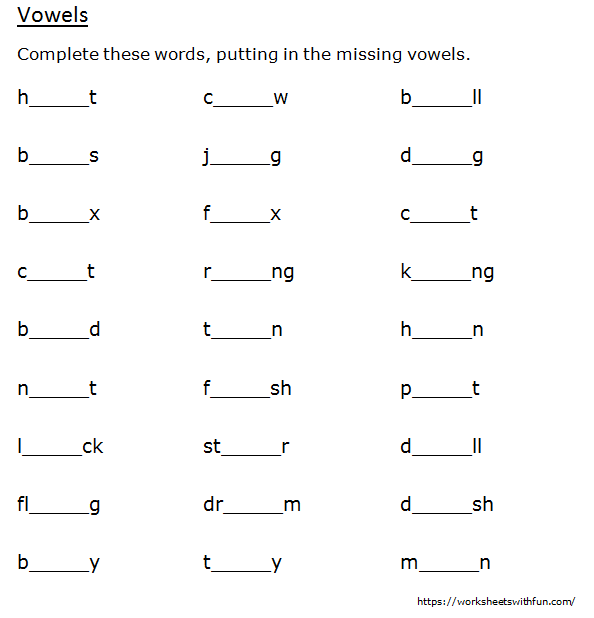 english class 1 vowels complete the words putting in