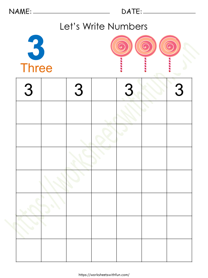 Tracing and Writing Number '3' Worksheet 3