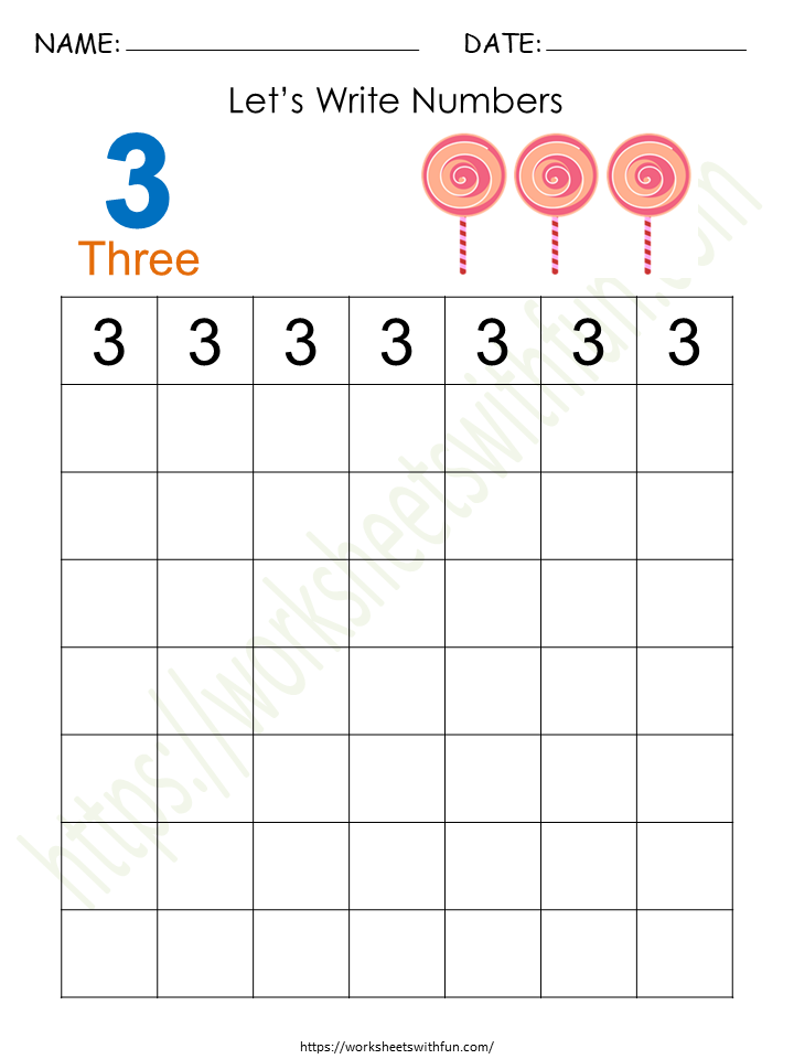 Tracing and Writing Number '3' Worksheet 4