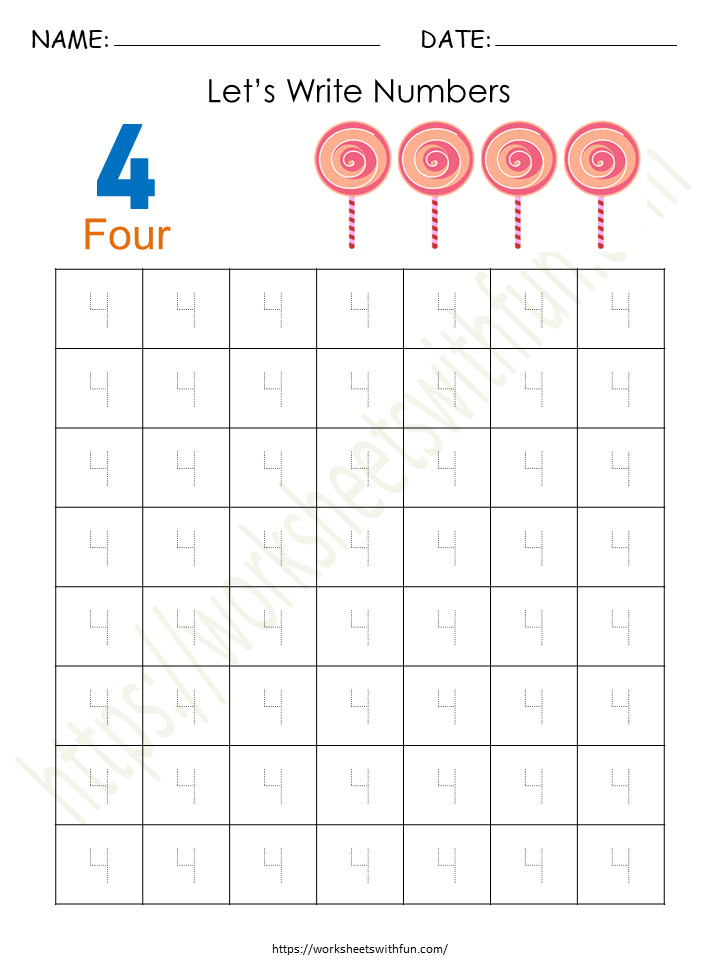 Tracing and Writing Number '4' Worksheet 1