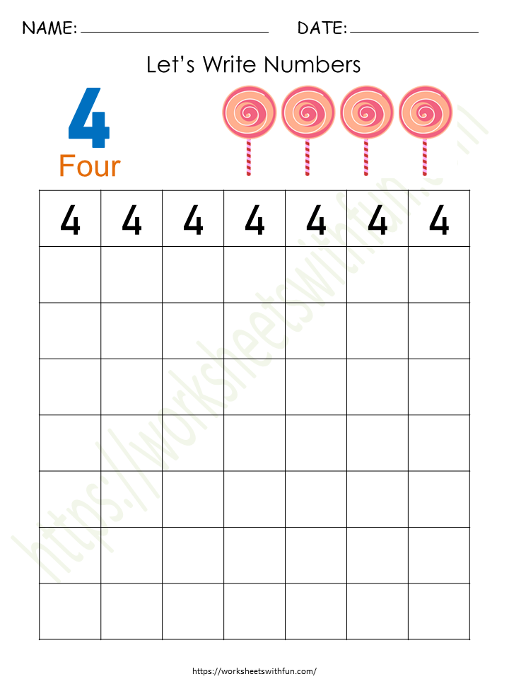 Tracing and Writing Number '4' Worksheet 4