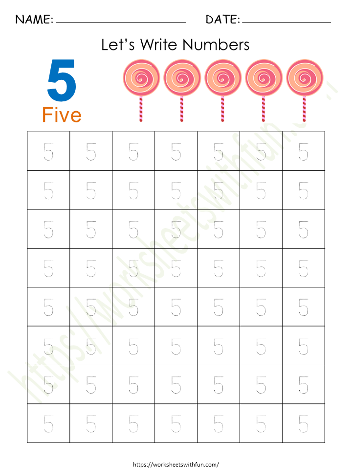 Tracing and Writing Number '5' Worksheet 1