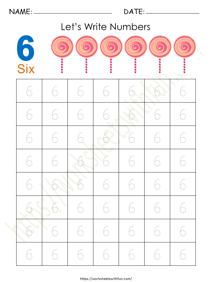 Tracing and Writing Number '6' Worksheet 1