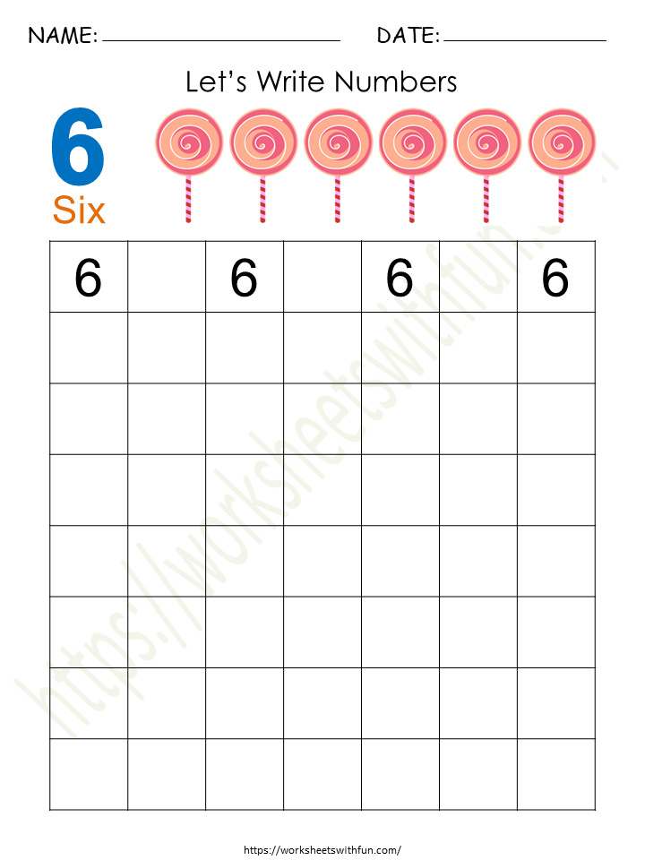 Tracing and Writing Number '6' Worksheet 3