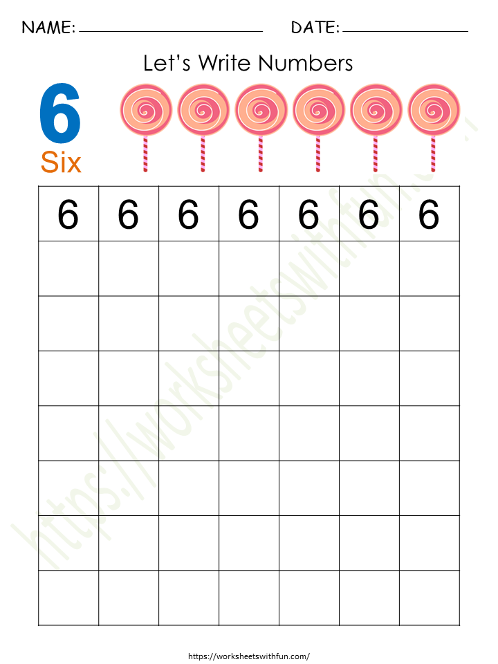 Tracing and Writing Number '6' Worksheet 4