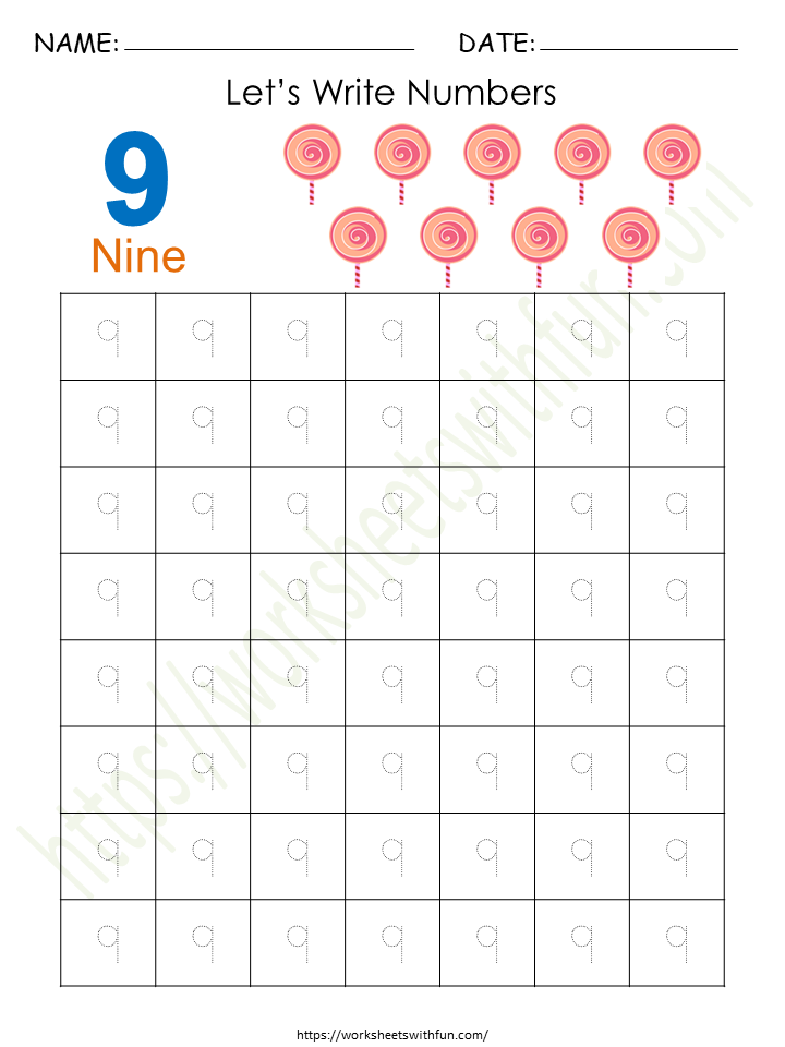 Tracing and Writing Number '9' Worksheet 1