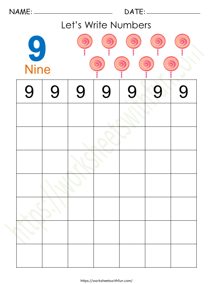 Tracing and Writing Number '9' Worksheet 4