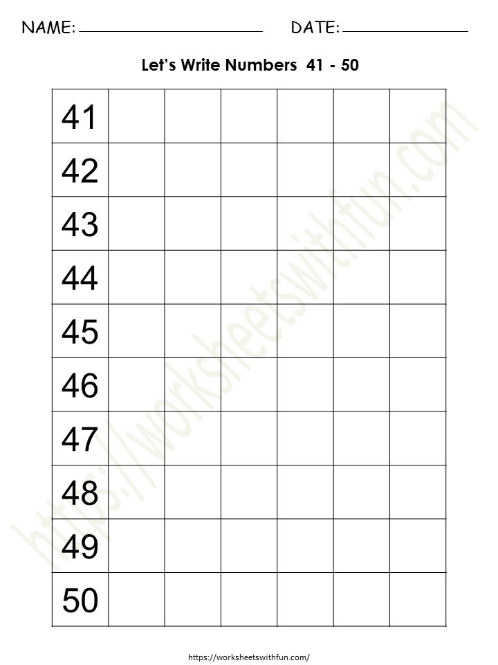 Writing Numbers 41-50 Worksheet 4