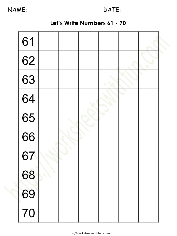 Writing Numbers 61-70 Worksheet 6