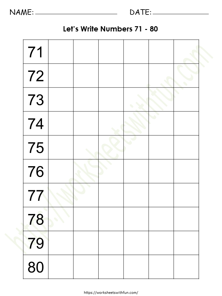 Writing Numbers 71-80 Worksheet 7