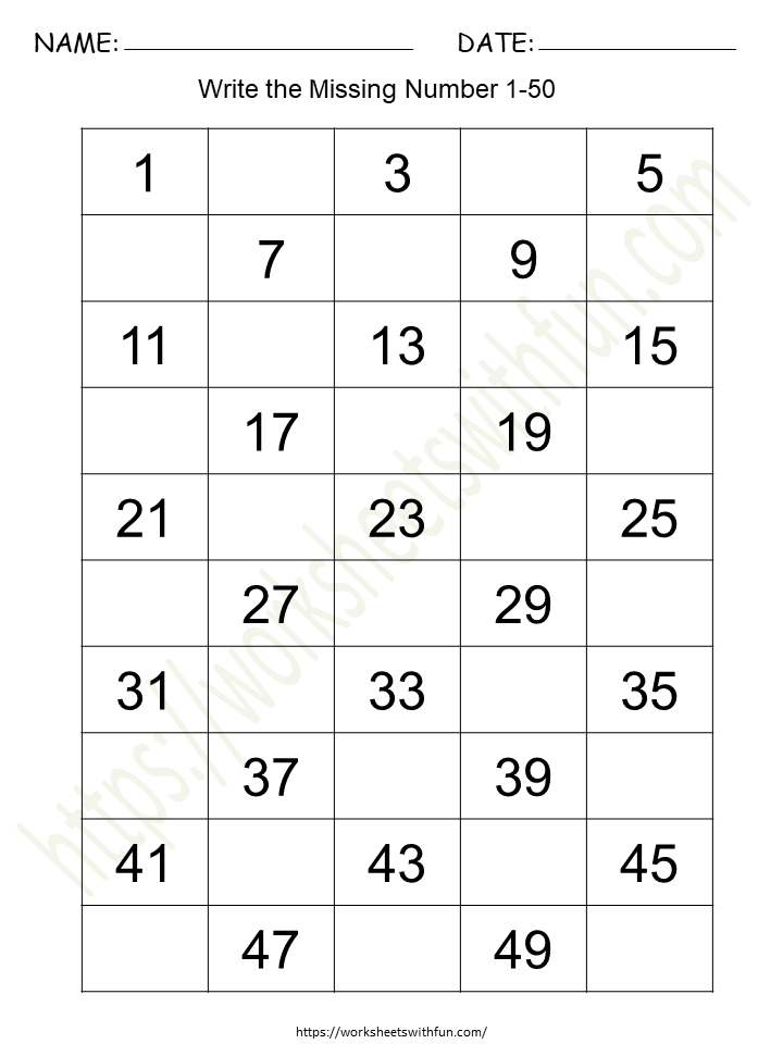 Missing Numbers (1-50) Worksheet 1