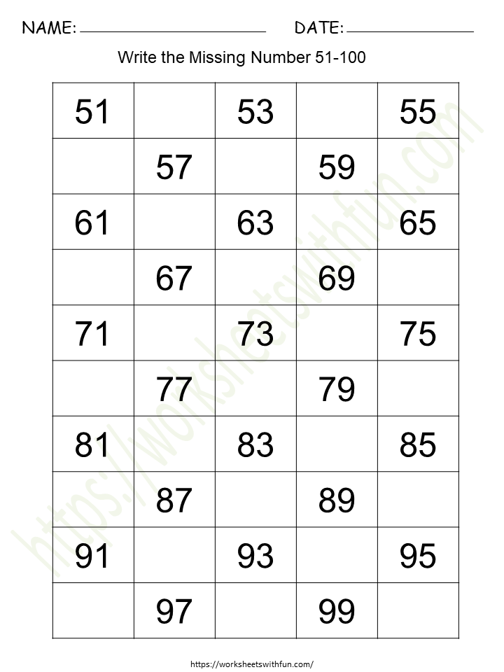 Missing Numbers (51-100) Worksheet 3