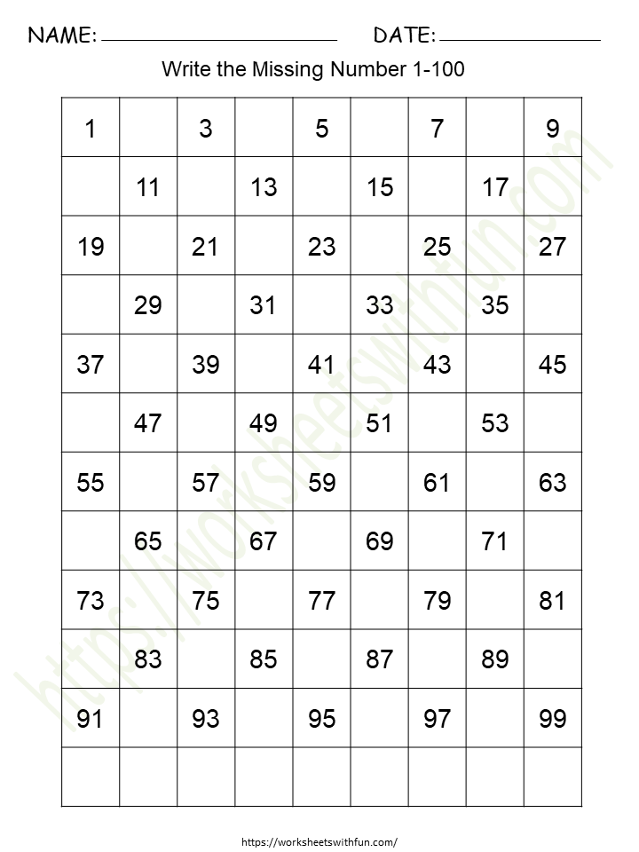 Missing Numbers (1-100) Worksheet 7