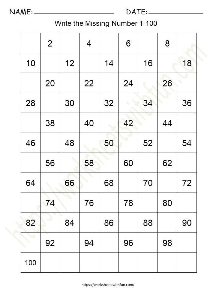 Missing Numbers (1-100) Worksheet 8