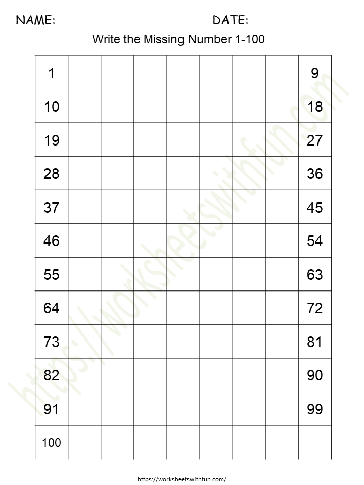 Missing Numbers (1-100) Worksheet 9