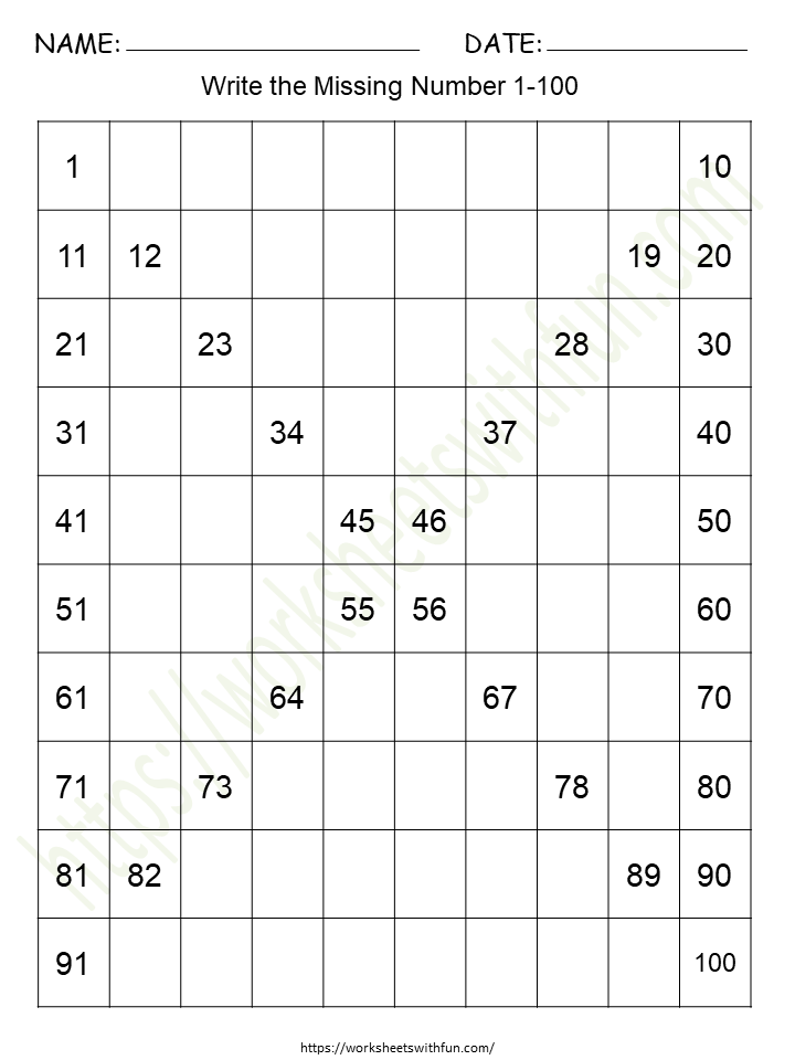 Missing Numbers (1-100) Worksheet 10