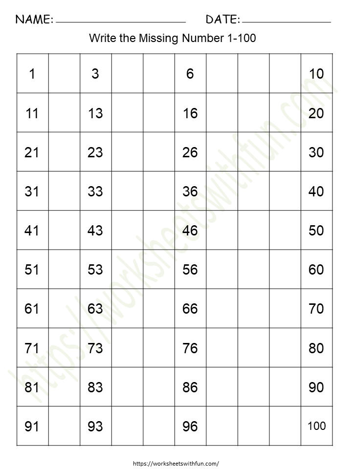 Missing Numbers (1-100) Worksheet 12