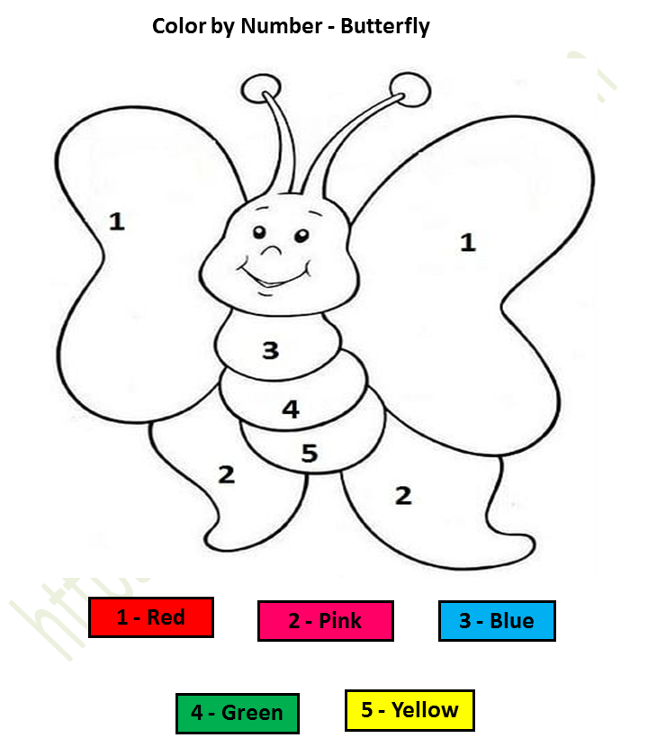 Paint by numbers, or color by code, else color by number, activity page for  kids. Butterflies in spring or summer. Stock Vector
