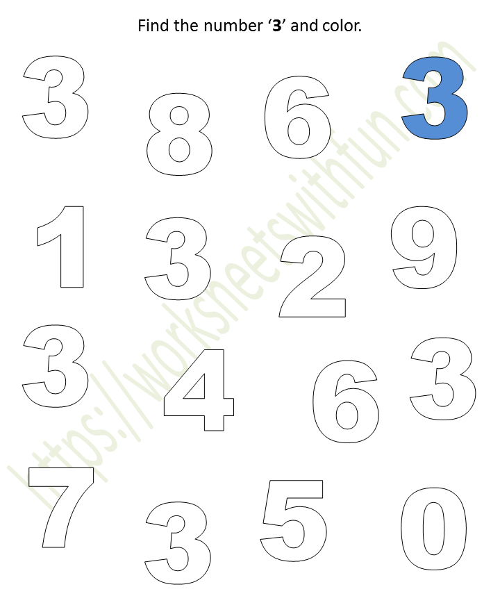 mathematics preschool find the number 3 and color worksheet 3