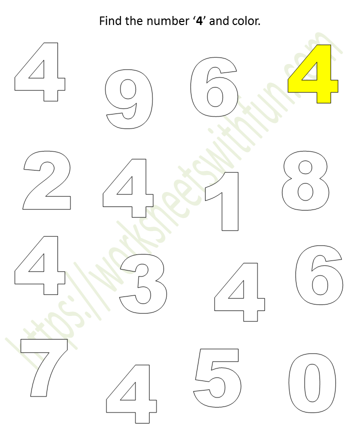 mathematics preschool find the number 4 and color worksheet 4